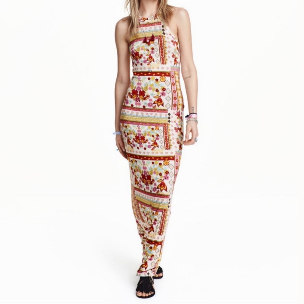 H&M x Coachella Paisley Floral Bandana Print Halter T-Shirt Maxi Bodycon Dress